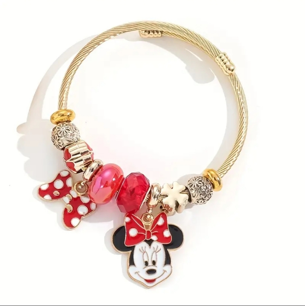 DISNEY | Minnie Mouse Gold Finish Charm Bracelet ~ Polka Dot Bow, Bowtoons
